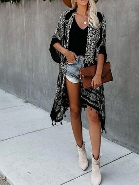 Black and White Boho Mandala Kimono Cover-Up